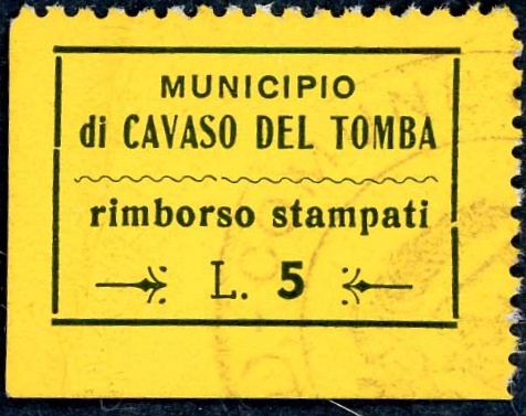 Marca da Bollo del Comune di CAVASO DEL TOMBA su Carta Colorata di dimensioni 24 x 16,5 mm