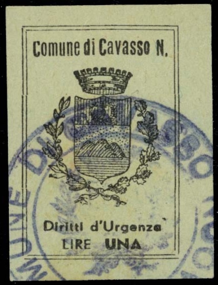 Marca da Bollo del Comune di CAVAZZO CARNICO su Carta Colorata di dimensioni 21 X 27 mm