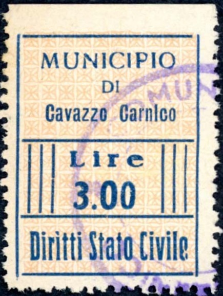 Marca da Bollo del Comune di CAVAZZO CARNICO su Carta Bianca di dimensioni 21 X 27 mm