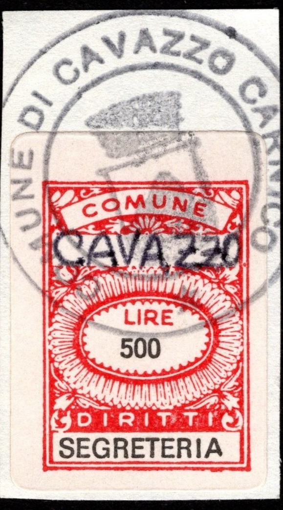 Marca da Bollo del Comune di CAVAZZO CARNICO su Carta Bianca di dimensioni 16 x 23 mm