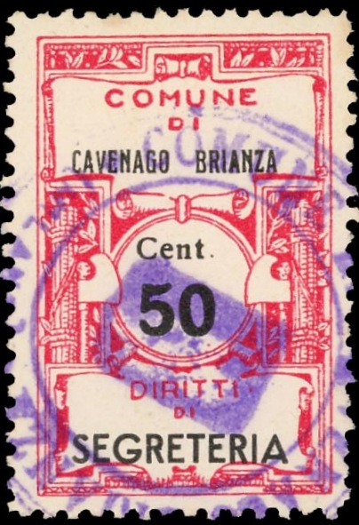 Marca da Bollo del Comune di CAVENAGO DI BRIANZA su Carta Bianca di dimensioni 22 35 mm