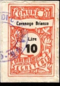 Marca da Bollo del Comune di CAVENAGO DI BRIANZA su Carta Bianca di dimensioni 22 35 mm
