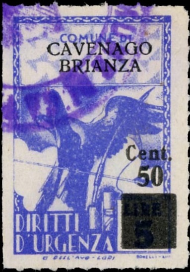 Marca da Bollo del Comune di CAVENAGO DI BRIANZA su Carta Bianca di dimensioni 21 X 32 mm