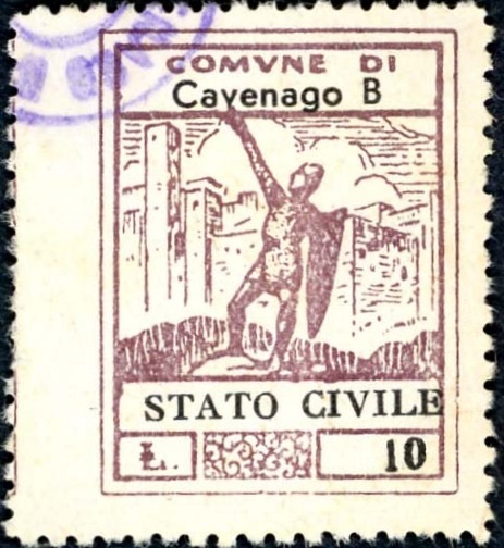 Marca da Bollo del Comune di CAVENAGO DI BRIANZA su Carta Bianca di dimensioni 22,5 x 29,5 mm