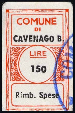 Marca da Bollo del Comune di CAVENAGO DI BRIANZA su Carta Bianca di dimensioni 20 x 29 mm
