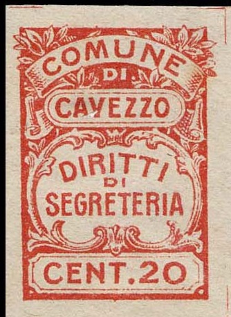 Marca da Bollo del Comune di CAVEZZO su Carta Bianca Sottile di dimensioni 20 x 27,5 mm