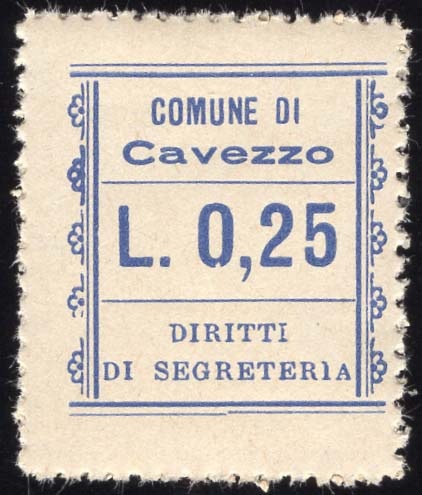 Marca da Bollo del Comune di CAVEZZO su Carta Bianca Sottile di dimensioni 18 x 26 mm