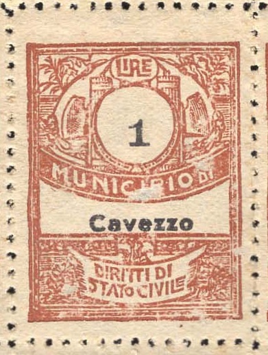 Marca da Bollo del Comune di CAVEZZO su Carta Bianca Sottile di dimensioni 23 X 30 mm