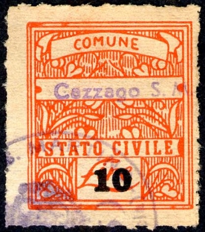Marca da Bollo del Comune di CAZZAGO SAN MARTINO su Carta Bianca di dimensioni 23,5 x 26,5 mm