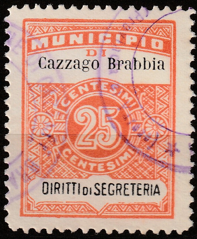 Marca da Bollo del Comune di CAZZAGO BRABBIA su Carta Avana di dimensioni 21 X 27 mm
