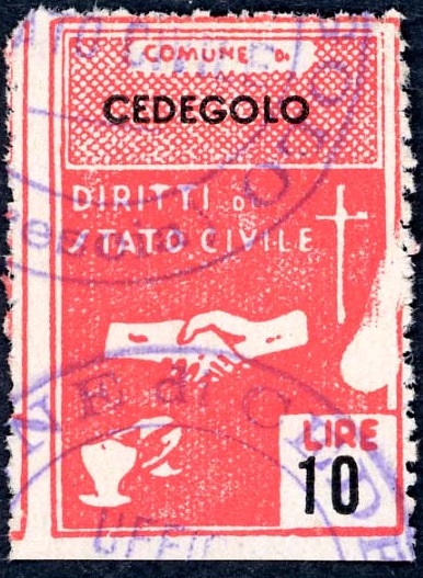 Marca da Bollo del Comune di CEDEGOLO su Carta Bianca di dimensioni 22 x 32 mm