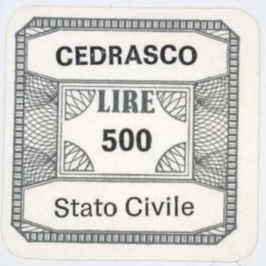 Marca da Bollo del Comune di CEDRASCO su Carta Bianca di dimensioni 22 x 22 mm
