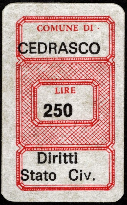 Marca da Bollo del Comune di CEDRASCO su Carta Bianca di dimensioni 26 x 31 mm