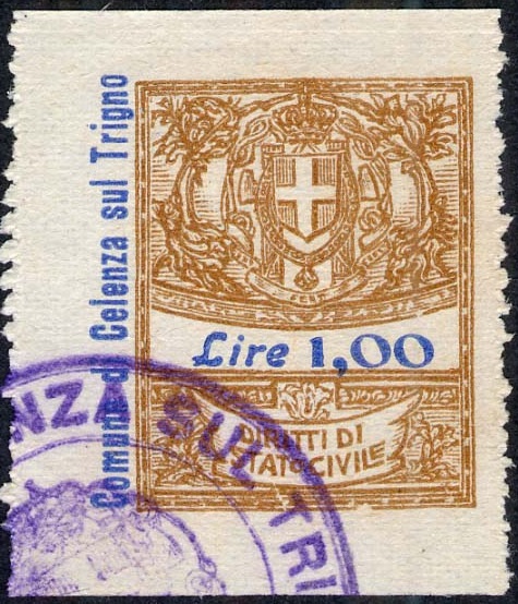 Marca da Bollo del Comune di CELENZA SUL TRIGNO su Carta Bianca Sottile di dimensioni 26 x 29,5 mm