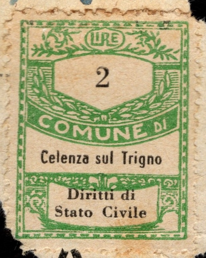 Marca da Bollo del Comune di CELENZA SUL TRIGNO su Carta Bianca Sottile di dimensioni 23 x 30 mm