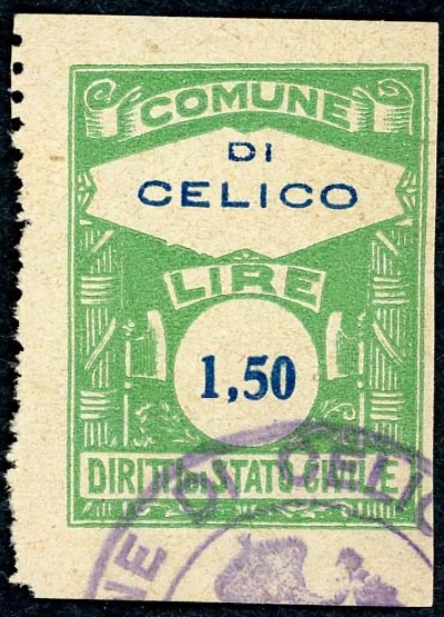 Marca da Bollo del Comune di CELICO su Carta Bianca di dimensioni 22,5 x 29 mm