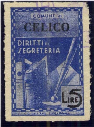 Marca da Bollo del Comune di CELICO su Carta Bianca di dimensioni 21,5 x 32,5 mm
