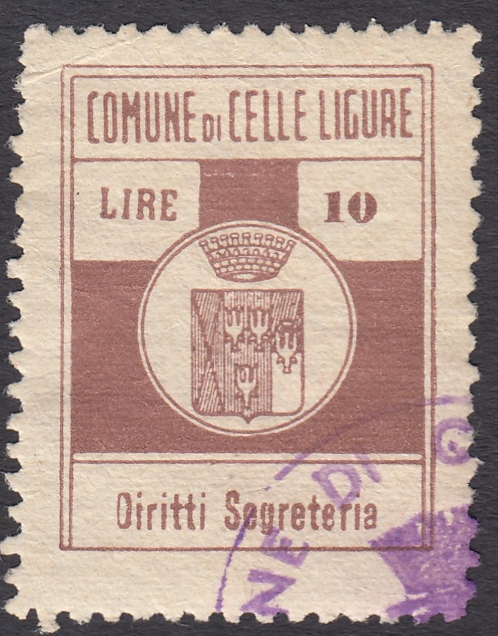 Marca da Bollo del Comune di CELLE LIGURE su Carta Bianca di dimensioni 22,5 x 29 mm