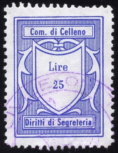 Marca da Bollo del Comune di CELLENO su Carta Bianca di dimensioni 21,5 x 28 mm