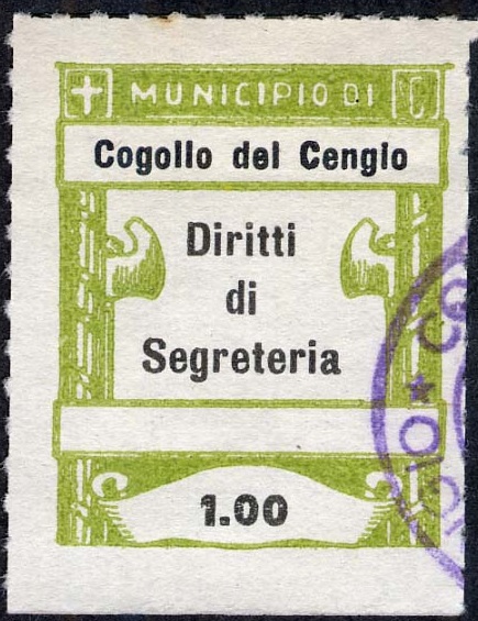 Marca da Bollo del Comune di CENGIO su Carta Bianca di dimensioni 25 x 30,5 mm