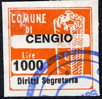 Marca da Bollo del Comune di CENGIO su Carta Bianca di dimensioni 20 x 20 mm