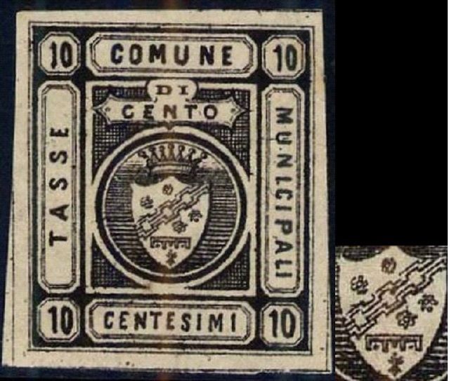 Marca da Bollo del Comune di CENTO su Carta Bianca di dimensioni 24 x 28 mm