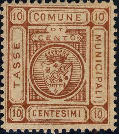 Marca da Bollo del Comune di CENTO su Carta Bianca di dimensioni 24 x 28 mm