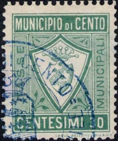 Marca da Bollo del Comune di CENTO su Carta Bianca Sottile di dimensioni 21 x 26,5 mm