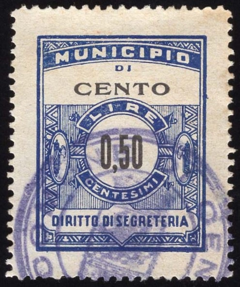 Marca da Bollo del Comune di CENTO su Carta Bianca Sottile di dimensioni 22,5 x 29 mm