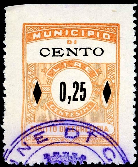 Marca da Bollo del Comune di CENTO su Carta Bianca di dimensioni 22,5 x 29 mm