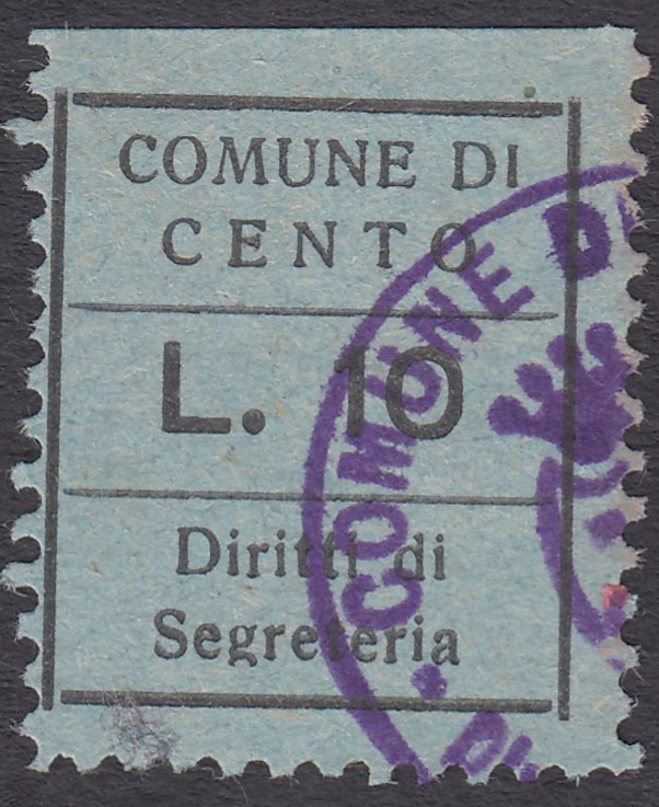 Marca da Bollo del Comune di CENTO su Carta Colorata di dimensioni 19 x 22 mm