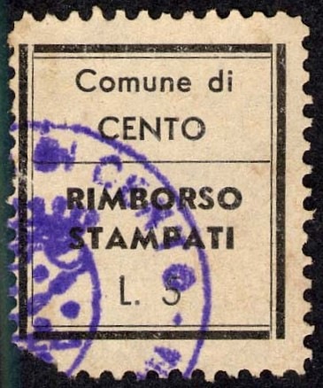 Marca da Bollo del Comune di CENTO su Carta Colorata di dimensioni 19 x 22 mm