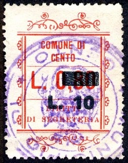 Marca da Bollo del Comune di CENTO su Carta Bianca di dimensioni 21 X 27 mm