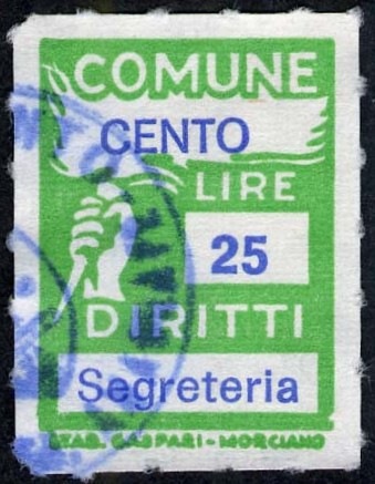 Marca da Bollo del Comune di CENTO su Carta Bianca di dimensioni 18,5 x 26 mm