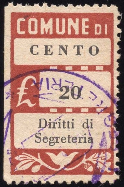 Marca da Bollo del Comune di CENTO su Carta Bianca di dimensioni 22 x 36 mm