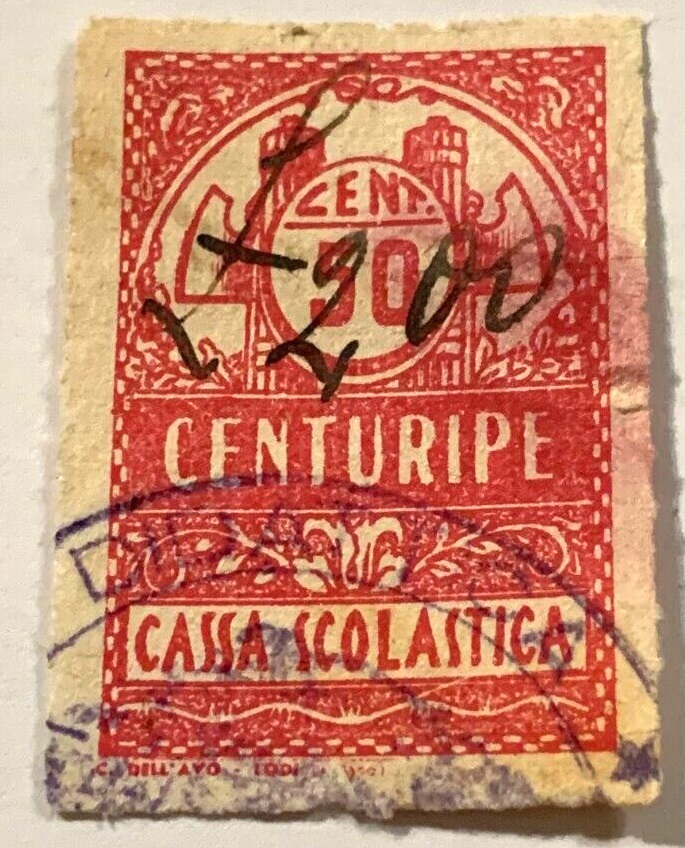 Marca da Bollo del Comune di CENTURIPE su Carta Bianca di dimensioni 22 x 29.5 mm