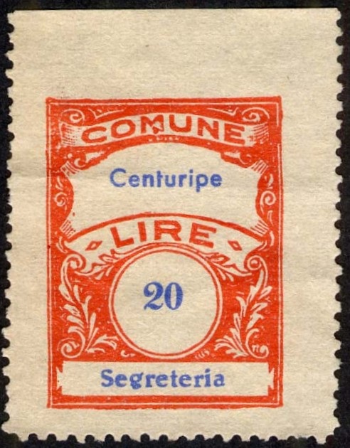 Marca da Bollo del Comune di CENTURIPE su Fogli di carta di dimensioni 22 x 29.5 mm