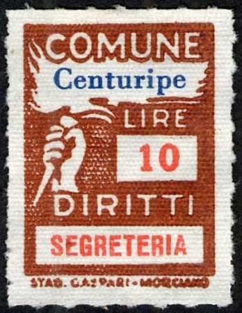 Marca da Bollo del Comune di CENTURIPE su Carta Bianca di dimensioni 18 X 25,5 mm