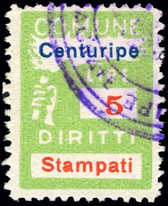Marca da Bollo del Comune di CENTURIPE su Carta Bianca di dimensioni 18 X 25,5 mm
