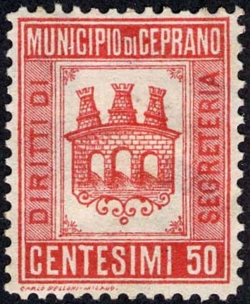 Marca da Bollo del Comune di CEPRANO su Carta Bianca Sottile di dimensioni 20,5 x 26,5 mm