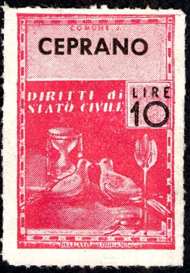 Marca da Bollo del Comune di CEPRANO su Carta Bianca Sottile di dimensioni 21 X 32 mm