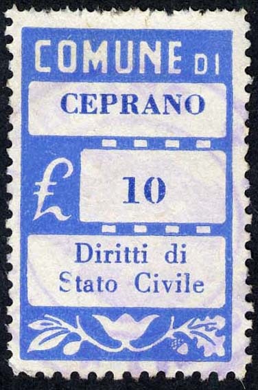 Marca da Bollo del Comune di CEPRANO su Carta Bianca di dimensioni 20 x 28 mm