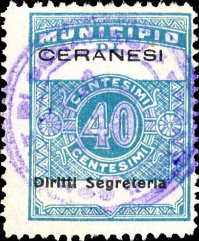 Marca da Bollo del Comune di CERANESI su Carta Bianca Sottile di dimensioni 22,5 x 29 mm