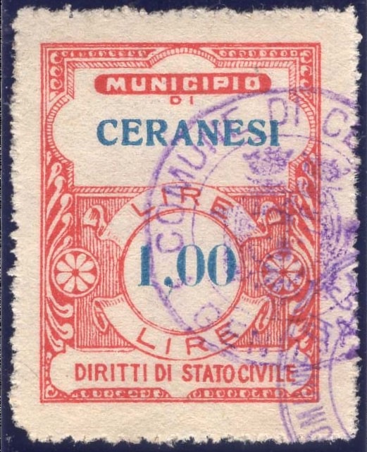 Marca da Bollo del Comune di CERANESI su Carta Bianca Sottile di dimensioni 22,5 x 29 mm