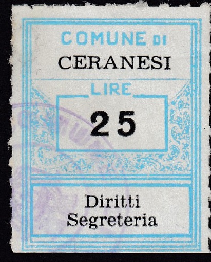 Marca da Bollo del Comune di CERANESI su Carta Bianca di dimensioni 22 x 29 mm