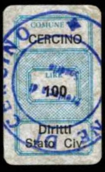 Marca da Bollo del Comune di CERCINO su Carta Bianca di dimensioni 18 x 29 mm