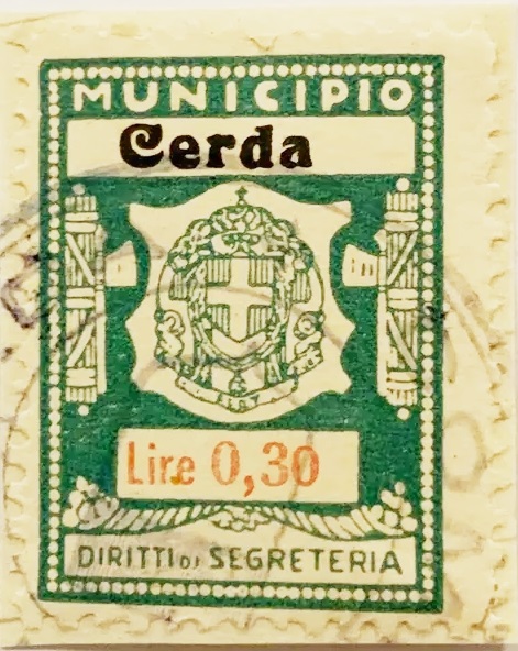 Marca da Bollo del Comune di CERDA su Carta Bianca Sottile di dimensioni 21 X 33,5 mm