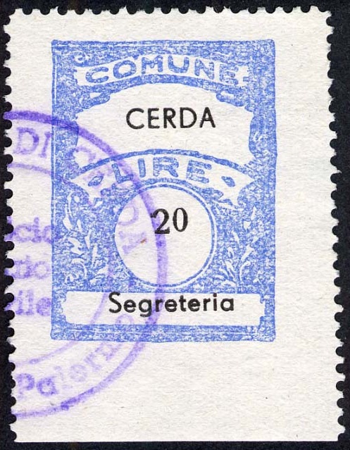 Marca da Bollo del Comune di CERDA su Carta Bianca Sottile di dimensioni 22 x 29,5 mm