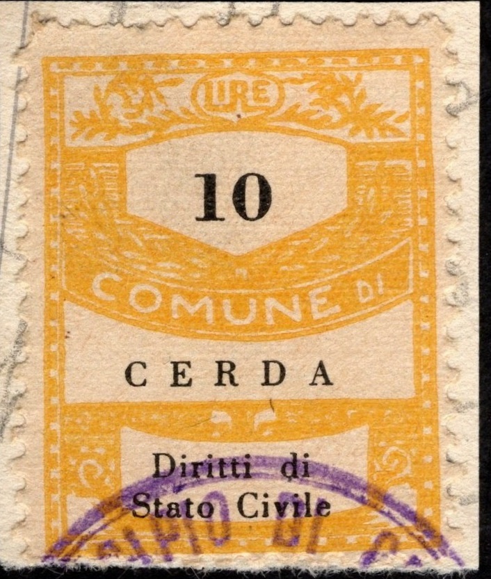 Marca da Bollo del Comune di CERDA su Carta Bianca Sottile di dimensioni 22 x 29,5 mm