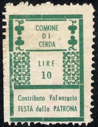 Marca da Bollo del Comune di CERDA su Carta Bianca di dimensioni 22,5 X 33 mm